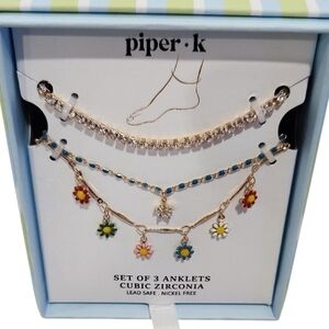 🔹️Piper K 🔹Set Cubic Zirconia Set of 3 Anklet with Colorful Floral Charms ✨️🌼